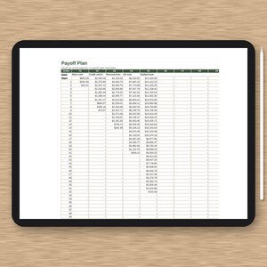 May include: A black tablet displaying a digital Payoff Plan spreadsheet with columns for Store card, Credit Card A, Personal loan, Car loan, and Student loan, accompanied by a white stylus positioned vertically on the right side of the device.