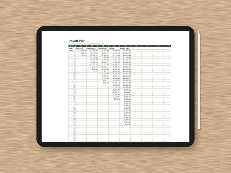 May include: A black tablet displaying a digital Payoff Plan spreadsheet with columns for Store card, Credit Card A, Personal loan, Car loan, and Student loan, accompanied by a white stylus positioned vertically on the right side of the device.