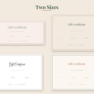 May include: Four rectangular gift certificate templates displayed on a light background. Each template features the text Gift Certificate, lines for To, From, and Amount, and a space for Your Business Name. The designs vary in border style and font.