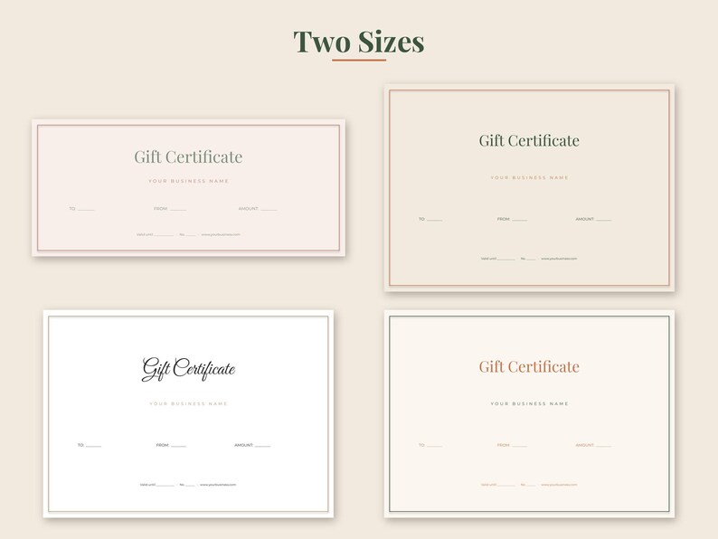 May include: Four rectangular gift certificate templates displayed on a light background. Each template features the text Gift Certificate, lines for To, From, and Amount, and a space for Your Business Name. The designs vary in border style and font.