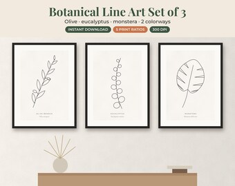 Botanical Line Art Set of 3, Minimalist Plant Prints, Leaf Drawing Printable