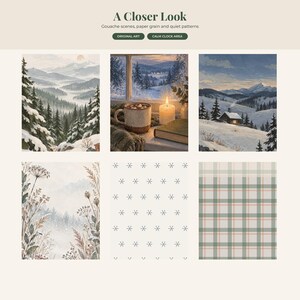 May include: A collection of six digital art prints featuring gouache-style winter scenes, including snowy mountain landscapes, a cozy window view with a mug and candle, dried botanical plants, a snowflake pattern, and a green plaid design.