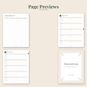 K&ouml;nnte beinhalten: Vier digitale Planerseiten mit einem Passwort-Logbuch-Deckblatt mit floralen Akzenten und drei internen Logbuchseiten. Die Seiten enthalten Abschnitte f&uuml;r 2-Step & Recovery sowie verschiedene Eingabefelder f&uuml;r Passw&ouml;rter in neutralen Farben.