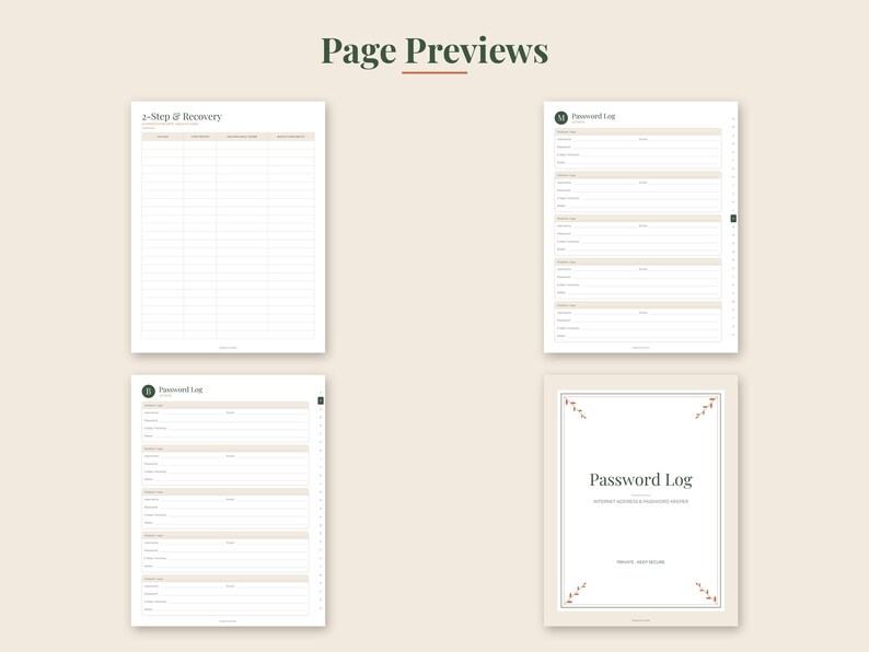 K&ouml;nnte beinhalten: Vier digitale Planerseiten mit einem Passwort-Logbuch-Deckblatt mit floralen Akzenten und drei internen Logbuchseiten. Die Seiten enthalten Abschnitte f&uuml;r 2-Step & Recovery sowie verschiedene Eingabefelder f&uuml;r Passw&ouml;rter in neutralen Farben.