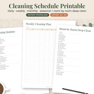 May include: A set of three white cleaning schedule printable pages featuring the text Cleaning Schedule Printable, Cleaning Routine, Weekly Cleaning Plan, and Room by Room Deep Clean with checkboxes for daily, weekly, monthly, and seasonal tasks.