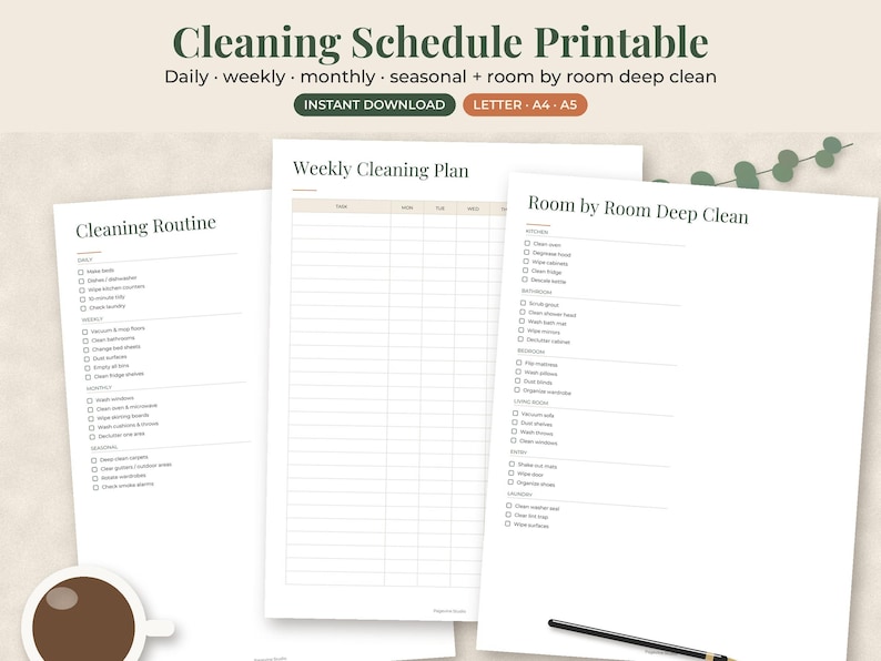 May include: A set of three white cleaning schedule printable pages featuring the text Cleaning Schedule Printable, Cleaning Routine, Weekly Cleaning Plan, and Room by Room Deep Clean with checkboxes for daily, weekly, monthly, and seasonal tasks.