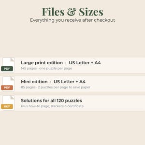 May include: A digital file information graphic titled Files & Sizes. It lists a Large print edition with 145 pages, a Mini edition with 85 pages, and a Solutions section for 120 puzzles, including a how-to page, trackers, and a certificate.