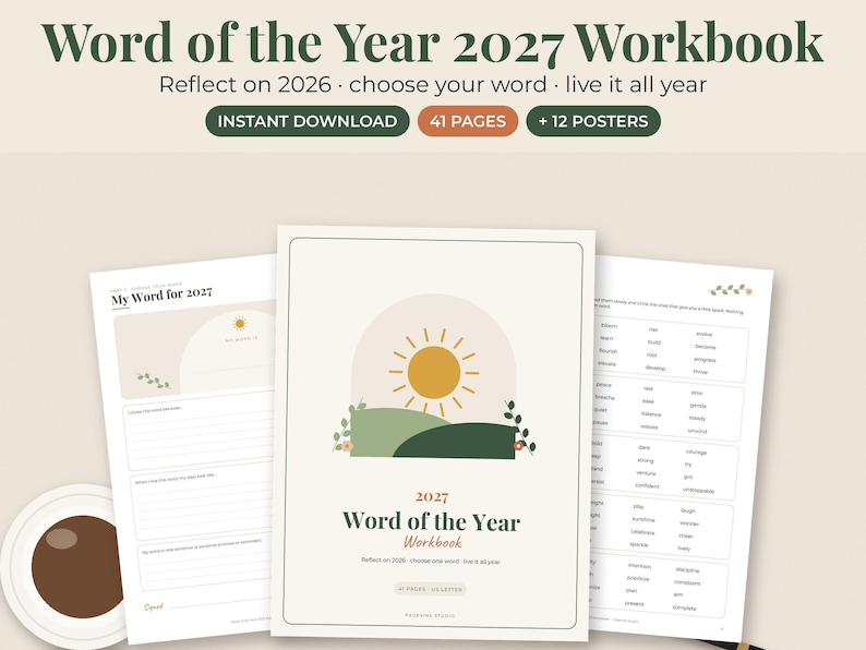 May include: A digital workbook titled Word of the Year 2027 featuring a sun and landscape graphic on the cover. The set includes 41 pages and 12 posters with prompts to reflect on 2026, choose a word, and live it all year. Pages show lists of words.