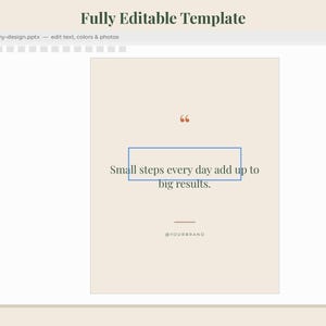 Peut inclure: Une interface de mod&egrave;le de conception num&eacute;rique avec un fond beige et une citation qui dit, Small steps every day add up to big results. La mise en page comprend une barre de navigation sup&eacute;rieure, une barre lat&eacute;rale avec des vignettes.