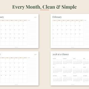 May include: A digital planner layout featuring the text Every Month, Clean & Simple. It displays monthly calendar pages for January, February, and June, alongside a 2028 at a Glance yearly overview page. Each monthly grid includes a notes section.