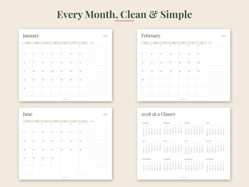 May include: A digital planner layout featuring the text Every Month, Clean & Simple. It displays monthly calendar pages for January, February, and June, alongside a 2028 at a Glance yearly overview page. Each monthly grid includes a notes section.