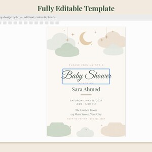 Peut inclure: Un mod&egrave;le num&eacute;rique pour une invitation &agrave; une f&ecirc;te pr&eacute;natale avec un fond cr&egrave;me, des nuages vert pastel et beige, un croissant de lune et des &eacute;toiles. Le texte indique Baby Shower, Sara Ahmed, Saturday, May 15, 2027, 2:00-5:00 PM, The Garden Room, 123 Main Street, Your City, RSVP to Fatima 555 123 4567.