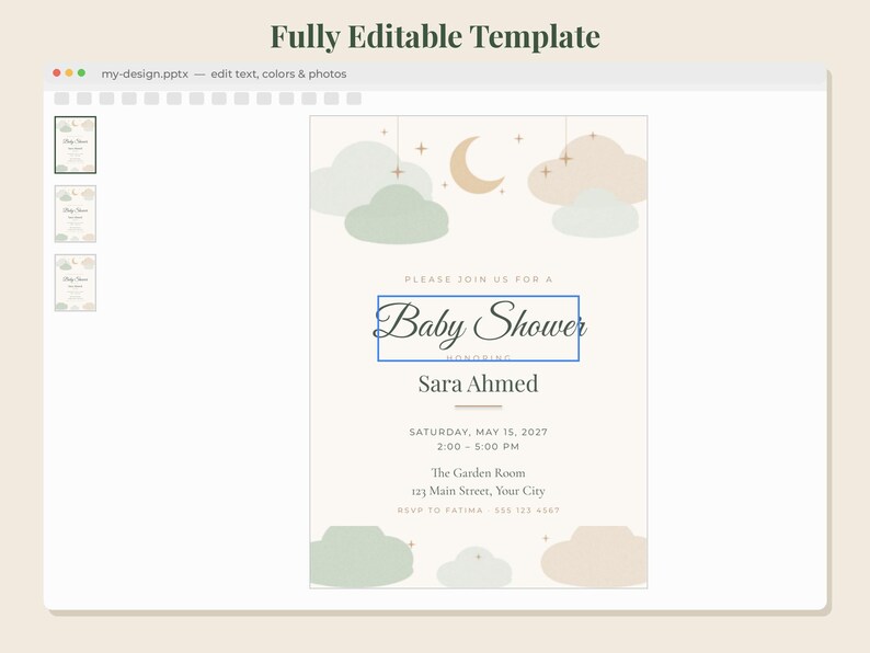 Peut inclure: Un mod&egrave;le num&eacute;rique pour une invitation &agrave; une f&ecirc;te pr&eacute;natale avec un fond cr&egrave;me, des nuages vert pastel et beige, un croissant de lune et des &eacute;toiles. Le texte indique Baby Shower, Sara Ahmed, Saturday, May 15, 2027, 2:00-5:00 PM, The Garden Room, 123 Main Street, Your City, RSVP to Fatima 555 123 4567.