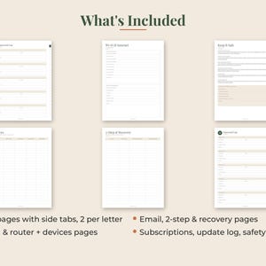 K&ouml;nnte beinhalten: Ein digitales Planer-Set mit dem Titel What's Included, bestehend aus sechs wei&szlig;en Seiten mit dunklem Text. Die Seiten enthalten Felder f&uuml;r Password Log, Wi-Fi Internet, Keep It Safe, Devices und 2-Step Recovery. Aufz&auml;hlungspunkte listen A-Z-Seiten, Wi-Fi, Router, Ger&auml;te, E-Mail, 2-Step, Wiederherstellung, Abonnements, Update-Protokoll und Sicherheitstipps auf.