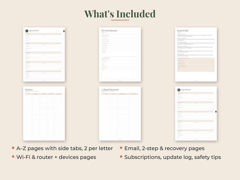 K&ouml;nnte beinhalten: Ein digitales Planer-Set mit dem Titel What's Included, bestehend aus sechs wei&szlig;en Seiten mit dunklem Text. Die Seiten enthalten Felder f&uuml;r Password Log, Wi-Fi Internet, Keep It Safe, Devices und 2-Step Recovery. Aufz&auml;hlungspunkte listen A-Z-Seiten, Wi-Fi, Router, Ger&auml;te, E-Mail, 2-Step, Wiederherstellung, Abonnements, Update-Protokoll und Sicherheitstipps auf.