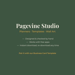 Peut inclure: Un graphique vert fonc&eacute; avec le texte blanc Pagevine Studio, suivi de Planners &middot; Templates &middot; Wall Art. En dessous, trois points : Designed & checked by hand, Works with free apps, et Instant download, re-download any time.