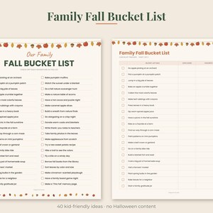 May include: Two printable sheets titled Family Fall Bucket List featuring a checklist of 40 autumn activities. The design includes a decorative border of illustrated leaves, acorns, and apples in warm colors with checkboxes for tracking progress.