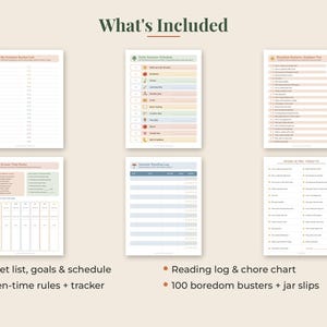 May include: A set of six printable planning sheets titled What's Included, featuring a summer bucket list, daily schedule, outdoor fun list, screen time rules, reading log, and chore chart with pastel accents and organized checklists for summer activities.