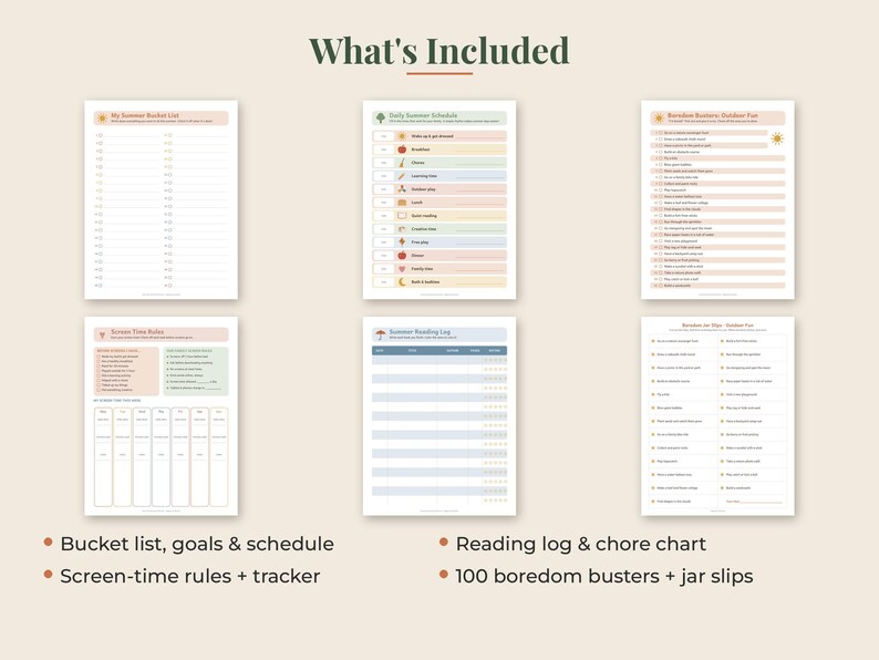 May include: A set of six printable planning sheets titled What's Included, featuring a summer bucket list, daily schedule, outdoor fun list, screen time rules, reading log, and chore chart with pastel accents and organized checklists for summer activities.