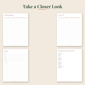 May include: Four white printable wedding planner pages with dark text. The pages are titled Wedding Budget, Guest List, Venue, and Wedding Day Emergency Kit. Each page features organized columns, lines, and checkboxes for tracking wedding details.