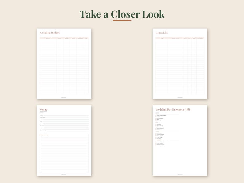 May include: Four white printable wedding planner pages with dark text. The pages are titled Wedding Budget, Guest List, Venue, and Wedding Day Emergency Kit. Each page features organized columns, lines, and checkboxes for tracking wedding details.
