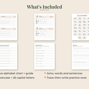 May include: A set of six white educational worksheets for cursive handwriting practice. The pages feature the cursive alphabet, capital and lowercase letters, joining letter exercises, common words, and sentences with trace-then-write rows.