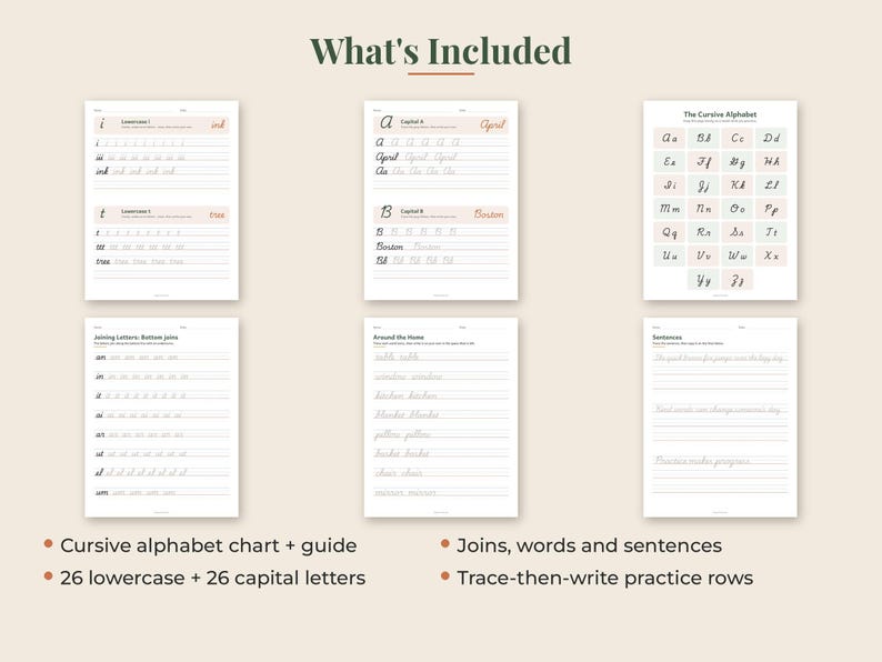 May include: A set of six white educational worksheets for cursive handwriting practice. The pages feature the cursive alphabet, capital and lowercase letters, joining letter exercises, common words, and sentences with trace-then-write rows.