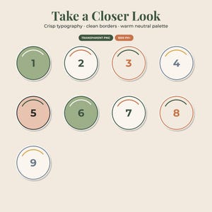 May include: A digital graphic featuring the text Take a Closer Look, Crisp typography, clean borders, warm neutral palette, TRANSPARENT PNG, and 1500 PX+. Below are nine circular icons numbered one through nine, each with a colored border.