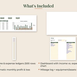 May include: A digital business tracking spreadsheet template titled What's Included, featuring a dashboard with income vs. expenses charts, a setup page for business categories, and lists for income and expense ledgers, profit and loss, and logs.