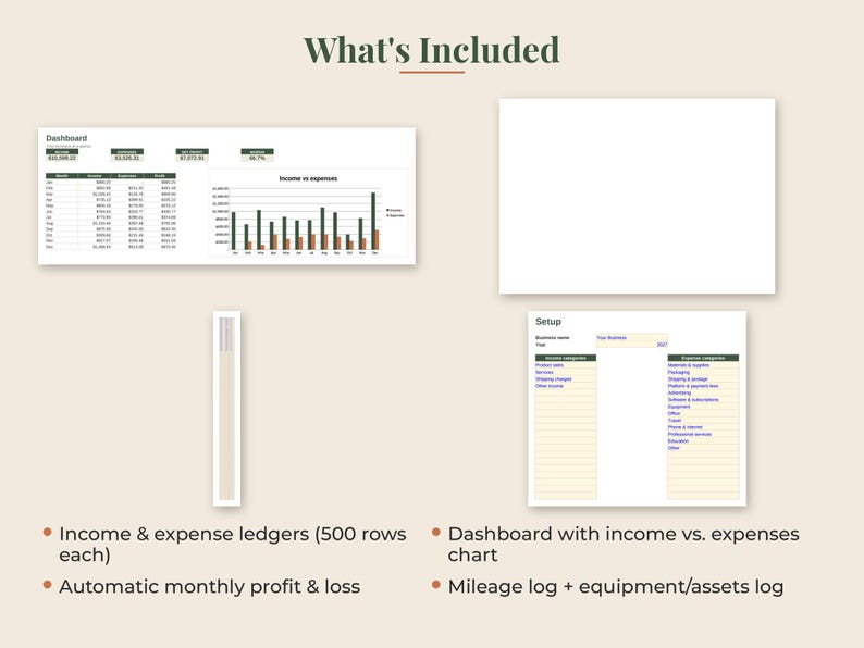 May include: A digital business tracking spreadsheet template titled What's Included, featuring a dashboard with income vs. expenses charts, a setup page for business categories, and lists for income and expense ledgers, profit and loss, and logs.