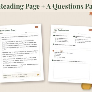 May include: Two educational worksheets titled How Apples Grow, one featuring a reading passage and the other a set of multiple-choice questions. The pages include text about apple development, blank lines for names and dates, and a drawing box.