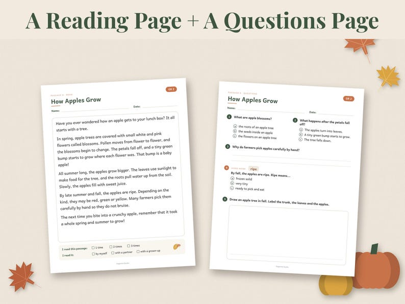 May include: Two educational worksheets titled How Apples Grow, one featuring a reading passage and the other a set of multiple-choice questions. The pages include text about apple development, blank lines for names and dates, and a drawing box.