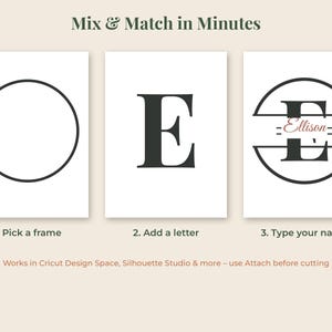 May include: A digital graphic showing three steps labeled Mix & Match in Minutes. Step one shows a black circle, step two shows a black letter E, and step three shows a split circle monogram with the name Ellison in script text inside the letter E.