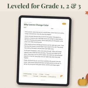 May include: A digital tablet displaying an educational reading passage titled Why Leaves Change Color, leveled for grades 1, 2, and 3. The page includes text about chlorophyll and autumn foliage, with checkboxes for reading frequency and assistance.