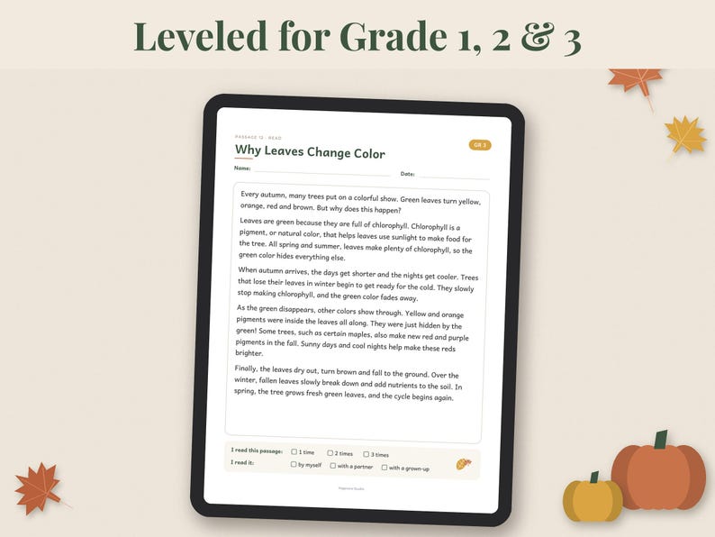 May include: A digital tablet displaying an educational reading passage titled Why Leaves Change Color, leveled for grades 1, 2, and 3. The page includes text about chlorophyll and autumn foliage, with checkboxes for reading frequency and assistance.