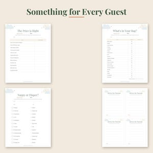 May include: Four white printable game sheets for a baby shower with the title Something for Every Guest. The sheets include The Price is Right, What's in Your Bag, Nappy or Diaper, and Advice for Parents, all featuring light blue cloud graphics.