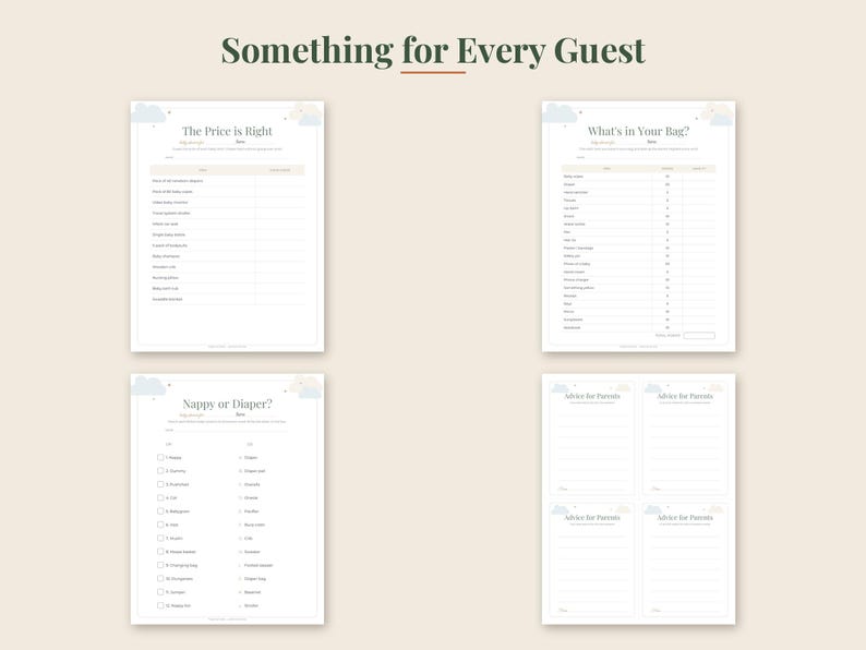 May include: Four white printable game sheets for a baby shower with the title Something for Every Guest. The sheets include The Price is Right, What's in Your Bag, Nappy or Diaper, and Advice for Parents, all featuring light blue cloud graphics.
