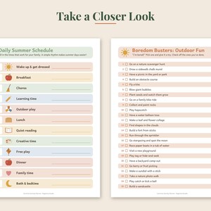 May include: Two printable activity sheets with a light background. The left sheet is titled Daily Summer Schedule with rows for tasks like breakfast and chores. The right sheet is titled Boredom Busters: Outdoor Fun with a numbered list of activities.