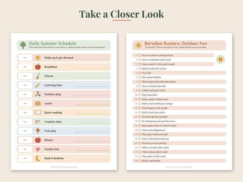 May include: Two printable activity sheets with a light background. The left sheet is titled Daily Summer Schedule with rows for tasks like breakfast and chores. The right sheet is titled Boredom Busters: Outdoor Fun with a numbered list of activities.