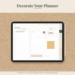 May include: A digital tablet displaying a daily planner interface with the text "Decorate Your Planner" at the top. The screen shows a Monday schedule, a to-do list, a calendar, and a yellow square note. A white stylus rests beside the tablet.