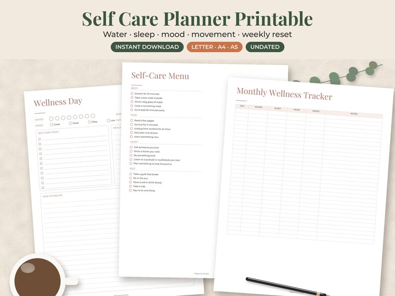 May include: A self-care planner printable set featuring three white pages titled Wellness Day, Self-Care Menu, and Monthly Wellness Tracker. The text includes water, sleep, mood, movement, weekly reset, instant download, letter, A4, A5, and undated.