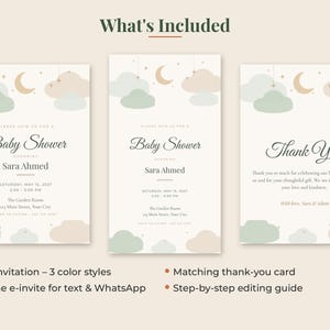 Peut inclure: Trois cartes de papeterie avec un th&egrave;me c&eacute;leste comprenant un croissant de lune, des &eacute;toiles et des nuages dans des tons vert sauge et beige. Le texte inclut Baby Shower, Sara Ahmed et Thank You, avec des d&eacute;tails sur l'invitation 5x7 et l'e-invitation.
