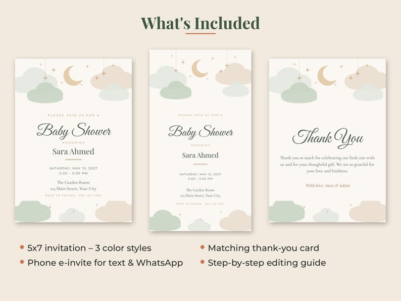 Peut inclure: Trois cartes de papeterie avec un th&egrave;me c&eacute;leste comprenant un croissant de lune, des &eacute;toiles et des nuages dans des tons vert sauge et beige. Le texte inclut Baby Shower, Sara Ahmed et Thank You, avec des d&eacute;tails sur l'invitation 5x7 et l'e-invitation.