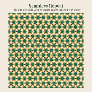 May include: A seamless repeat pattern featuring a geometric design of dark green and gold stars with small black accents. The text at the top reads Seamless Repeat, and the subtext states Tiles edge to edge with no visible seams (dashed = one file).