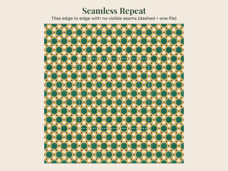 May include: A seamless repeat pattern featuring a geometric design of dark green and gold stars with small black accents. The text at the top reads Seamless Repeat, and the subtext states Tiles edge to edge with no visible seams (dashed = one file).