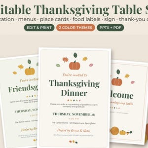 May include: An editable Thanksgiving table set featuring invitations, menus, place cards, food labels, signs, and thank-you cards. The stationery displays orange pumpkins and colorful autumn leaves on a cream background with dark green text.