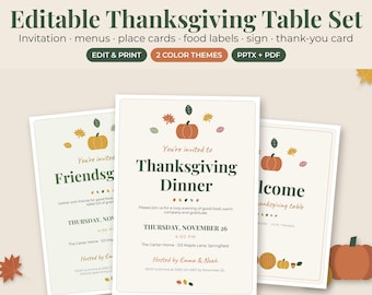 Thanksgiving Invitation Template, Editable Friendsgiving Menu, Place Cards, Food Labels, Table Decor Sign
