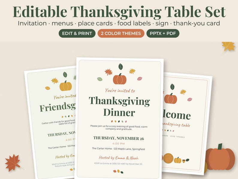 May include: An editable Thanksgiving table set featuring invitations, menus, place cards, food labels, signs, and thank-you cards. The stationery displays orange pumpkins and colorful autumn leaves on a cream background with dark green text.