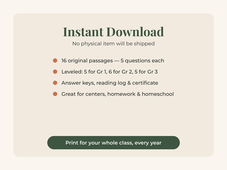 May include: A digital educational resource titled Instant Download featuring 16 original reading passages with 5 questions each, leveled for grades 1 through 3, including answer keys, a reading log, a certificate, and a button stating Print for your whole class, every year.