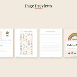 May include: Four educational worksheets for alphabet tracing and handwriting practice. The pages feature letter tracing exercises, a fill-in-the-missing-letters grid, lined paper, and a cover page titled Alphabet Tracing with a rainbow graphic.